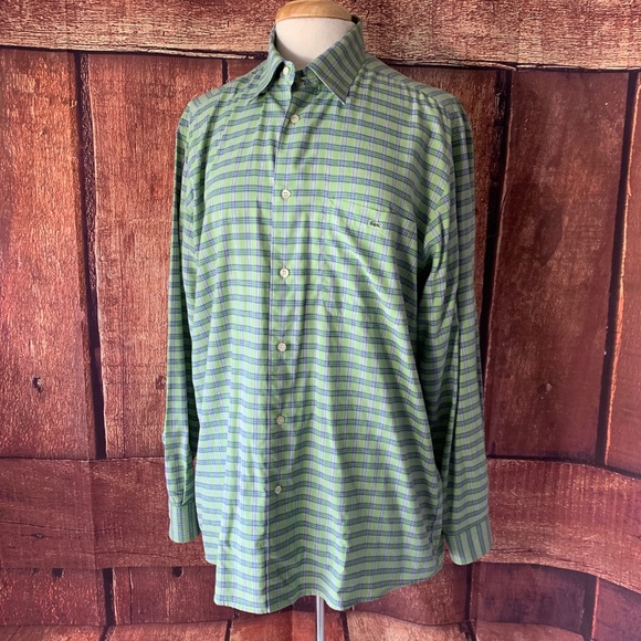 FINAL $ MENS LACOSTE GREEN/BLUE PLAID BUTTON UP - Picture 2 of 8